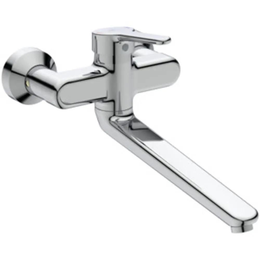Ideal Standard Wandarmatur aus Chrom mit einem breiten, flachen Auslauf. Geeignet für den Einsatz in Badezimmern oder Küchen.